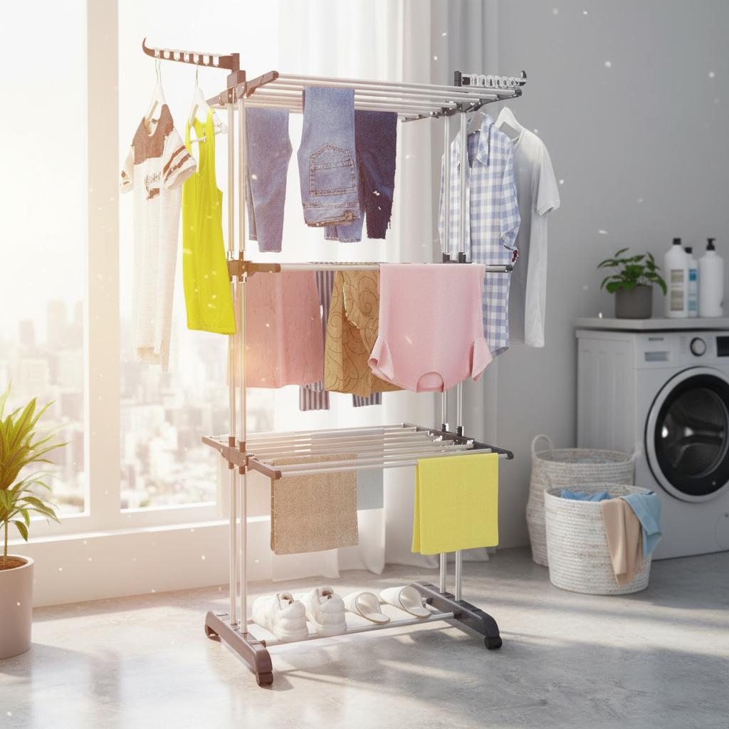 4-Tier Clothes Drying Rack, 67.7-inch Laundry Drying Rack with Foldable Base, 4-Tier Stainless Steel Drying Rack, Movable Laundry Rack for Indoor and Outdoor Use - Gray