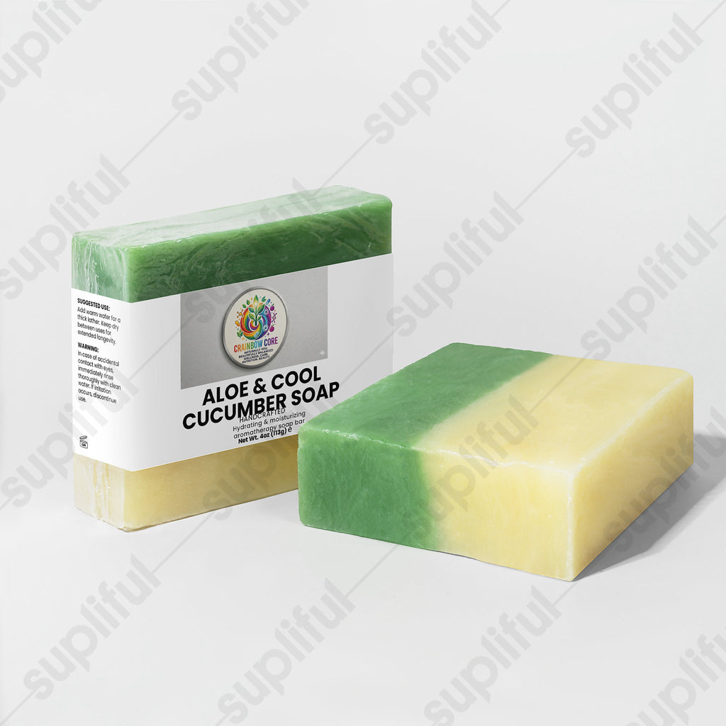 🌿 Aloe & Cool Cucumber Soap —Refreshing daily cleanse with aloe and cucumber to calm and revitalize skin.